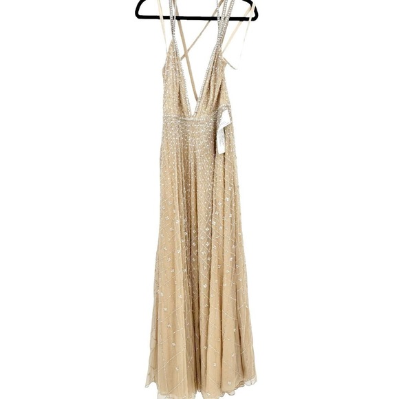 Mac Duggal Plunging V-Neck A-Line Maxi Dress Natural Size 10 NWT - Picture 9 of 12